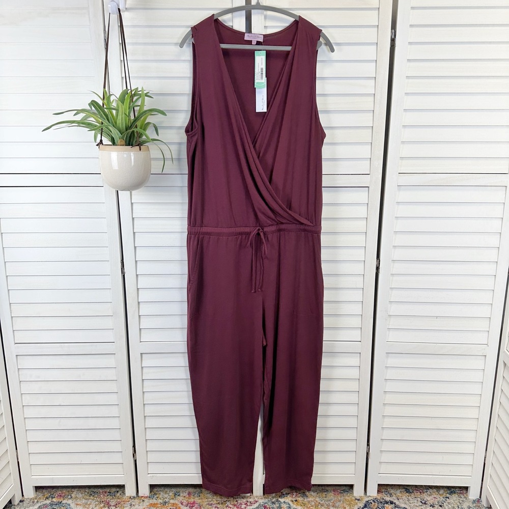 New Michael Stars Macey Surplice Knit Jumpsuit XXL Burgundy Eggplant Sleeveless